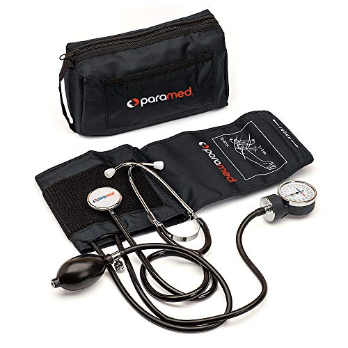 PARAMED Aneroid Sphygmomanometer with Stethoscope – Manual Blood Pressure Cuff with Universal Cuff 8.7-16.5' and D-Ring – Carrying Case in The kit – Black