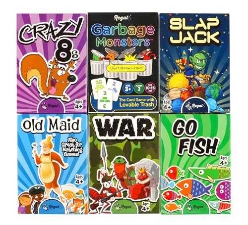 Regal Games Card Games for Kids - Go Fish, Crazy 8's, Old Maid, Slap Jack, Monster Memory Match, War - Simple & Fun Classic Family Table Games - Games May Vary (6 Set)