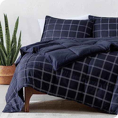 Bare Home Comforter Set - Queen Size - Ultra-Soft - Goose Down Alternative - Premium 1800 Series - Reversible - All Season Warmth (Queen, Midnight Blue - Modern Plaid)