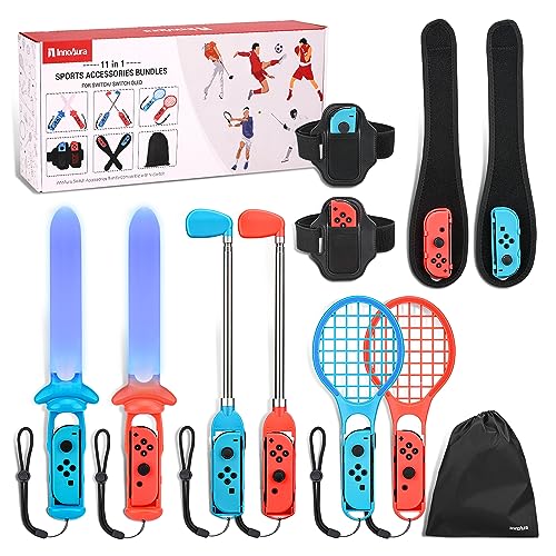 11 in 1 Switch Sports Accessories Bundle, innoAura Switch Sports Games Accessories Kit with Switch Tennis Rackets, Golf Clubs, Swords, Wrist and Leg Strap for Switch/Switch OLED Includes Storage Bag