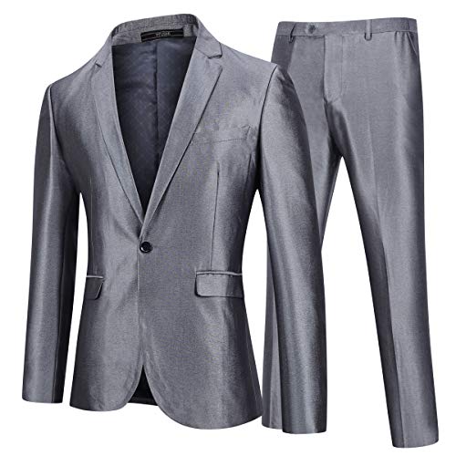 YFFUSHI Mens 2 Piece Suits One Button Formal Slim Fit Solid Color Wedding Tuxedo Sliver