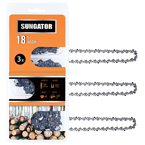 SUNGATOR 3-Pack 18 Inch Chainsaw Chain SG-S62, 3/8' LP Pitch - .050' Gauge - 62 Drive Links, Compatible with Craftsman, Ryobi, Homelite, Poulan