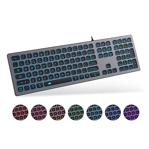 POWZAN Aluminum Quiet Wired Keyboard Backlit- Slim Chiclet Keyboard Compatible with Apple iMac, MacBook, Mac and PC, USB Keyboard Numeric Keypad RGB Lighted Key - Space Gray