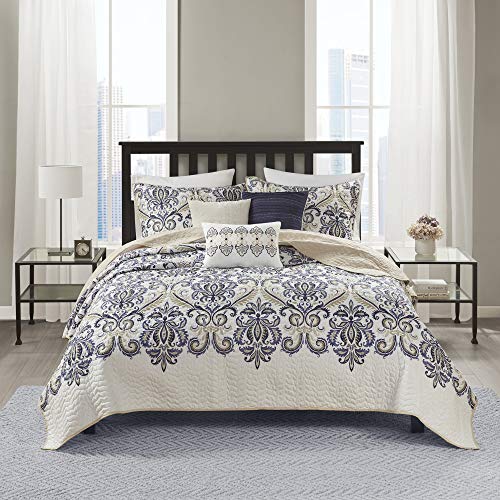 Madison Park Quilt Traditional Damask Design All Season, Lightweight Coverlet Bedspread Bedding Set, Matching Shams, Pillows, King/Cal King(104'x94'), Navy/White 6 Piece