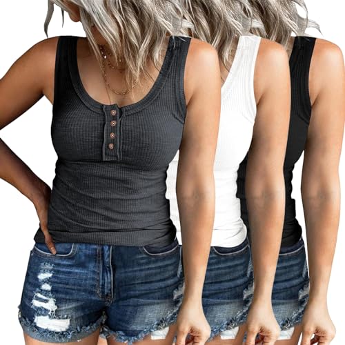 SUNBS 3 Pack Womens Summer Tank Tops Ribbed Going Out Outfits Henley Spring Casual Sleeveless Basic Cute Cami Slim Fitted Button Down Blouses Trendy Clothes 2024