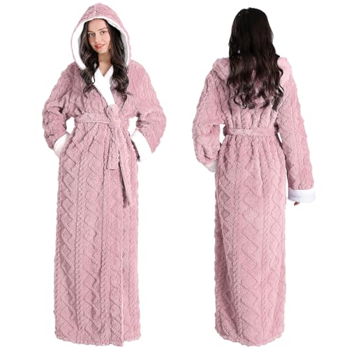 Oksun Womens Long Fleece Robe: Floor Length Flannel Hooded Bathrobe, Jacquard Warm Winter Housecoat, Fluffy Soft Cozy Nightgown (Pink, XL)