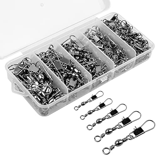 ReeMoo 200PCS Fishing Rolling Ball Bearing Barrel Swivel with Safety Snap Connector Fishing Accessories #2#4#6#8#10