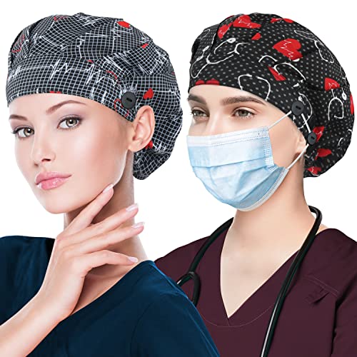 ABAMERICA 2 Pack Bouffant Caps with Button and Sweatband, Adjustable Scrub Caps for Women Men, One Size Fits All