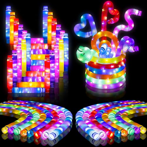 15 Pack LED Light Up Pop Tubes Glow Sticks,Glow Necklace & Brancelets Party Favors Decorations, Pull and Stretch Toys for Kids Halloween Christmas Party Goodie Bag Stuffers