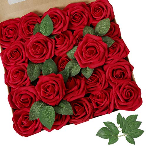 AmyHomie Artificial Flower Dark Red Rose 25pcs Real Looking Fake Roses w/Stem for DIY Wedding Bouquets Centerpieces Arrangements Party Baby Shower Home Decorations