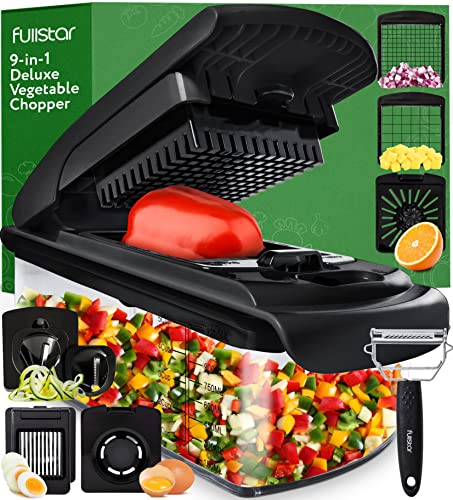 Fullstar Vegetable Chopper - Spiralizer Vegetable Slicer - Onion Chopper with Container - Pro Food Chopper - Slicer Dicer Cutter - (9 in 1, Black)