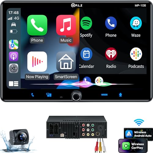 PLZ Single Din Car Stereo Apple Car Play Radio, Wireless 10.1' Carplay Android Auto Touch Screen, Bluetooth 5.3, Car Audio Receiver, 4.2 Channel Audio 240W, Subwoofer, Backup Camera, FM/AM SWC