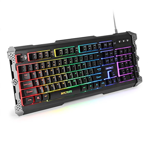 ENHANCE Infiltrate Membrane Gaming Keyboard - RGB Gaming Keyboard with Quiet Mechanical Clicking Keys - 7 Color LED + 9 Dynamic Effects, LED Sound Response - Spill Resistant with Metal Accents