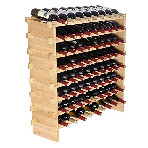 VEVOR 72 Bottle Stackable Modular Wine Rack, 8-Tier Solid Bamboo Wood Storage Racks, Floor Freestanding Wines Holder Display Shelf, Wobble-Free Shelves for Kitchen, Bar, and Cellar (Natural Color)