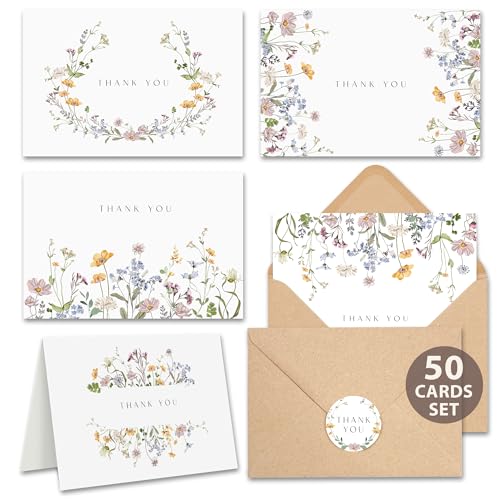 Pack 50 Floral Thank You Cards With Envelopes (4'x6') - Thank You Notes With Envelopes Set - Wildflower Thank You Cards With Envelope And Stickers - for Wedding, Bridal Showers, Baby Showers, Ect