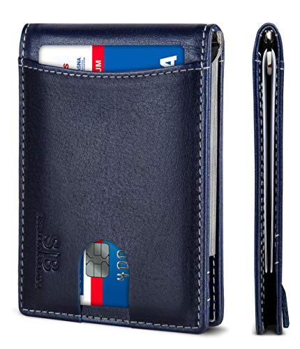 SERMAN BRANDS RFID Blocking Slim Bifold Genuine Leather Minimalist Front Pocket Wallets for Men with Money Clip Thin Mens (Atlantic Blue 1.0)