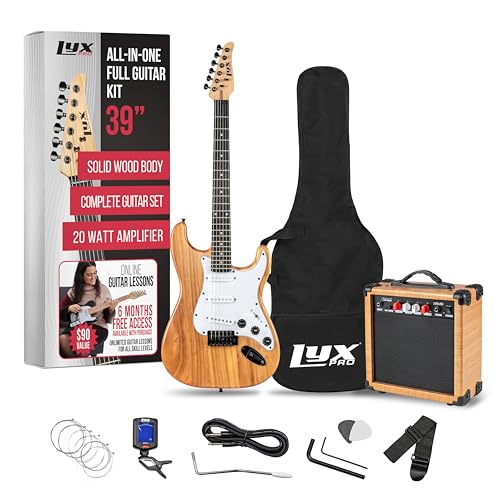 LyxPro Electric Guitar 39' inch Full Beginner Starter kit Full Size with 20w Amp, Package Includes All Accessories, Digital Tuner, Strings, Picks, Tremolo Bar, Shoulder Strap, and Case Bag - Natural
