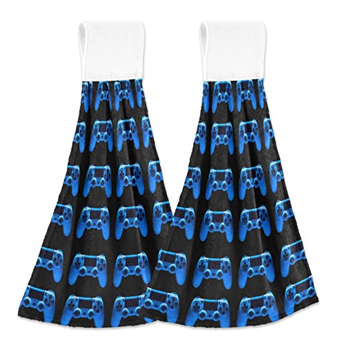 Oyihfvs Video Game Joystick Gamepad in Blue Neon Lights Isolated on Black 2 Pcs Hanging Kitchen Hand Towel, Soft Face Bath Towel, Fast Drying Cleaning Towels with Hook & Loop Home Washcloth Dishcloth