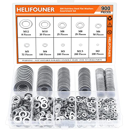 900 Pieces 304 Stainless Steel Flat Washers for Screws Bolts, HELIFOUNER Assorted Kit, Lock Metal Washers (M2 M2.5 M3 M4 M5 M6 M8 M10 M12)