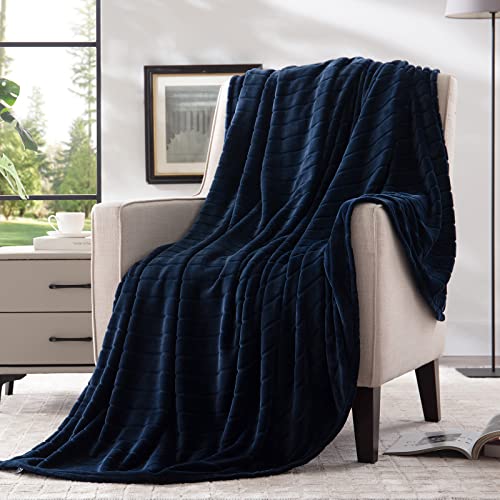 Bertte Plush Throw Blanket Super Soft Fuzzy Warm Blanket | 330 GSM Lightweight Fluffy Cozy Luxury Decorative Stripe Blanket for Bed Couch - 50'x 60', Navy