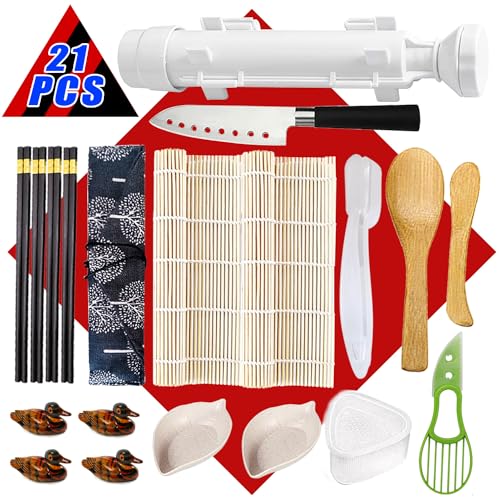 Premium Sushi Making Kit for Home, Sushi Rice Mold Sushi Roller Tools for Beginners, with Bamboo Mats, Sushi Bazooka, Temaki Sushi Mold 21 in 1