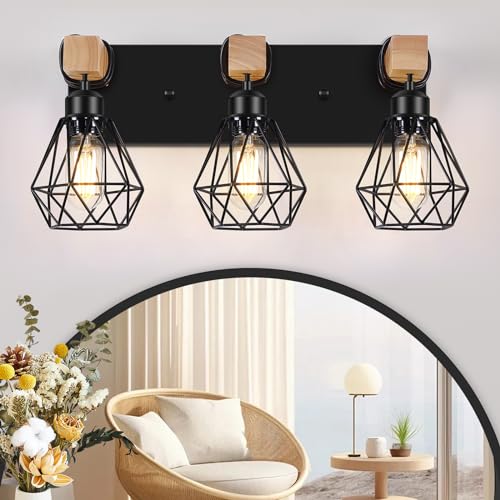 FadimiKoo 3-Light Farmhouse Bathroom Vanity Light Fixtures, Wood Bathroom Lighting Over Mirror, Black Vanity Lights with Metal Lampshade, Vintage Wall Light Fixtures for Bedroom, Living Room, Hallway