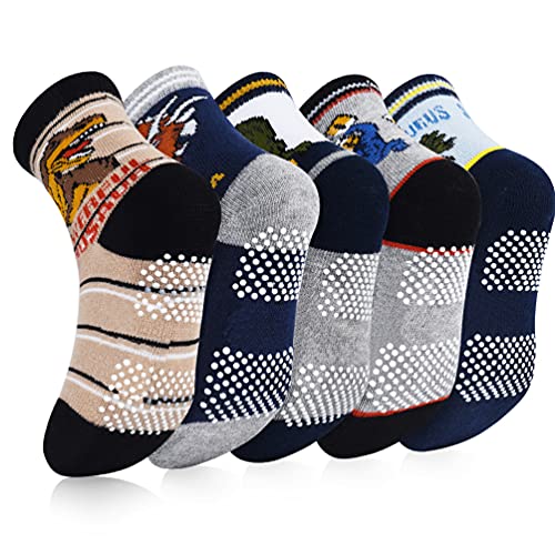 OOPOR Kids Cotton Crew Socks with Grip - 5 Pack Boys Girl Winter Athletic Sport Ankle Sock Set 8-12 Year