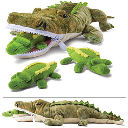 PREXTEX Plush Alligator Toys Stuffed Animal w/ 3 Alligator Baby Stuffed Animals-Big Alligator Zippers 3 Little Plush Baby Alligators-Alligator Plush Toys for Kids 3-5- Stuffed Animals for Boys & Girls