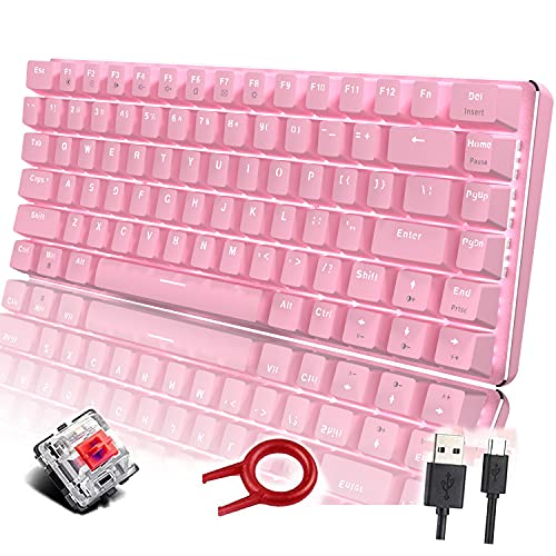 FELICON Pink Mechaincal Gaming Keyboard and Mouse Pad Combo Blue Switches USB Wired White Backlit Compact 82 Keys Anti-ghosting,Compatible with Windows PC Laptop Mac Game Office
