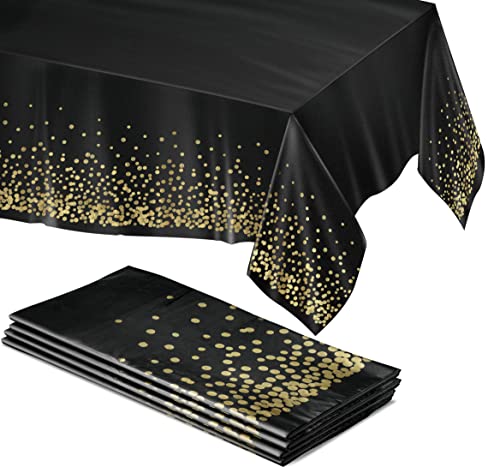 Prestee Black and Gold Table Cloths for Parties, 4pk, 54'x108' - Gold Dot Plastic Tablecloths, Black Tablecloth, Black and Gold Party Decorations, Paper Tablecloth for BBQ, Party, Fine Dining, Wedding