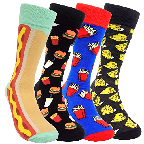 HSELL Mens Fun Patterned Dress Socks Funny Novelty Crazy Design Cotton Socks Gift for Men (4 Pairs - Burger/French fries/Cheese/Hot Dog)