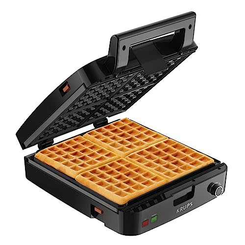 Krups Breakfast Set Stainless Steel Waffle Maker 4 Slices Audible 'Ready' Beep, 1200 Watts Square, 5 Browning Levels, Removable Plates, Dishwasher Safe, Belgian Waffle Silver and Black