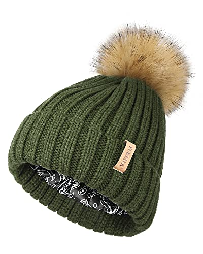 FURTALK Womens Beanie Satin Lined Knitted Beanie with Pom Winter Hats for Women (Green)