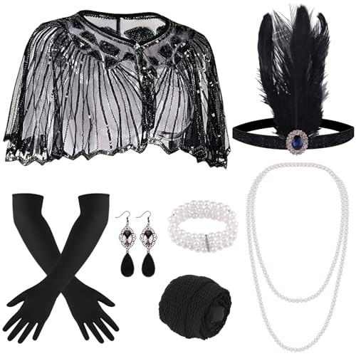 ELECLAND 10 Pieces 1920s Flapper Great Gatsby Accessories Set Fashion Roaring 20's Theme Set with Headband Headpiece Long Black Gloves Necklace Earrings for Women (Black)
