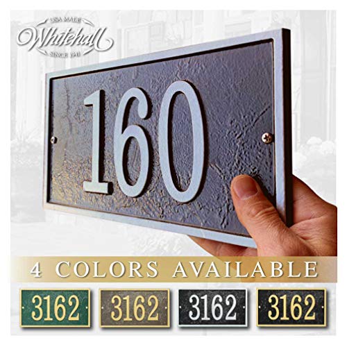 Whitehall Personalized Cast Metal Address plaque with rectangle shape. Made in the USA. BEWARE OF IMPORT IMITATIONS. Four colors, four shapes available! Custom house number sign.