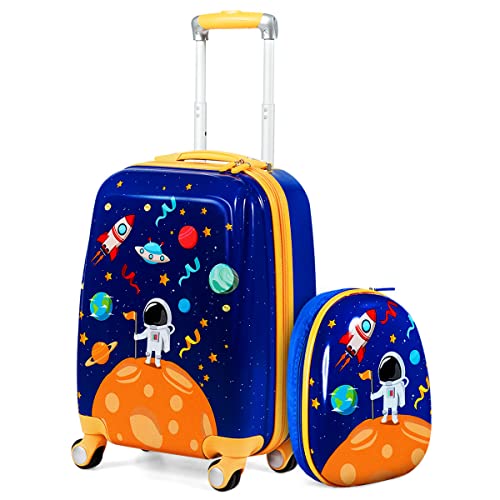 HONEY JOY Kids Luggage, 12' Toddler Backpack & 18' Travel Suitcase with Wheels, Lightweight Toddler Suitcase, Durable ABS Hardshell, 2Pcs Carry On Luggage Set for Boys Girls, Blue Astronaut