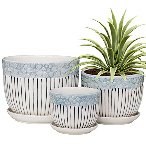 Ton Sin Grey Flower Pots,Texture Planter for Indoor Plants Set of 3 Ceramic Flower Pots with Saucer,Cute Garden Pots Succulent Pots（3 Pack,Grey