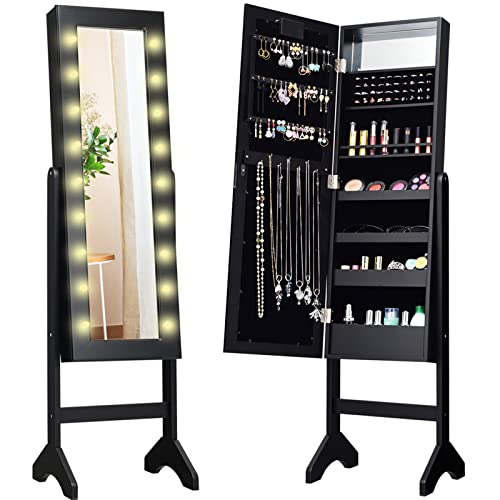 Giantex Standing Jewelry Armoire with 18 LED Lights Around the Door, Large Storage Mirrored Jewelry Cabinet with Full Length Mirror, 16 Lipstick Holders, 1 Inside Makeup Mirror (Black)