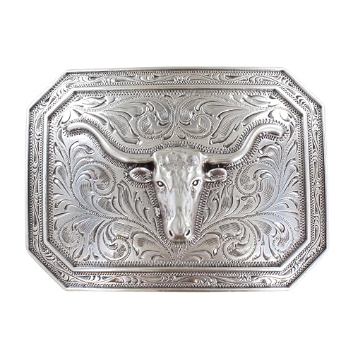 ARIAT Silver Rectangle Buckle with Longhorn Motif and Western Scroll Engraving, Smooth Edge Design, 4' x 3'