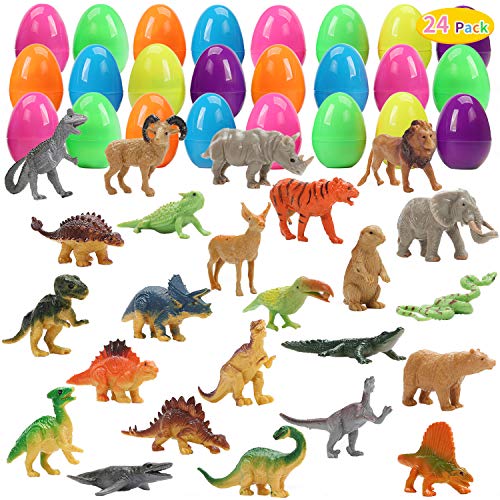 CUTE STONE 24 Pack Filled Easter Eggs with Dinosaurs and Animals, Easter Basket Stuffers Easter Party Favors for Kids