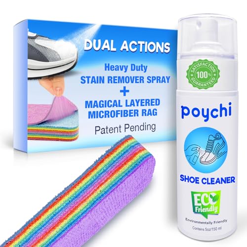 POYCHI Shoe Cleaner Kit with Ultimate Stain Removal Solution and Patent Pending Magical Layered Microfiber Rag for Whites, Canvas, Leather, Suede, Nubuck, Knit and Rubber Shoes Fast Acting Formula