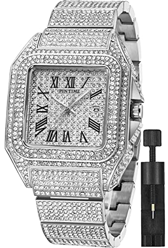 Gosasa Fashion Hip Hop Men's Crystal Watch Bling Bling Iced Out Watch Rectangle Case Stainless Steel Quartz Analog Bracelet Wristwatch (Silver)