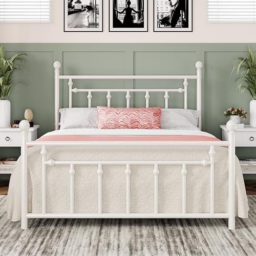 Allewie 14 Inch Full Size Metal Platform Bed Frame with Victorian Vintage Headboard and Footboard/Mattress Foundation/Under Bed Storage/No Box Spring Needed/Easy Assembly/Noise-Free/White