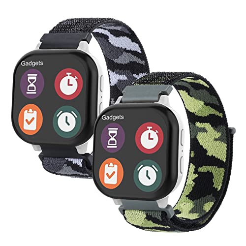 Snyeest 2-Pack Nylon Kids Band Compatible with Gabb Watch 3 2 1/Verizon Gizmo Watch 3/2/1/Disney, SyncUP Kid Watch, 20mm Braided hook & Loop Camo Wirstband for Boys Girls,Camouflage-Black+Armygreen