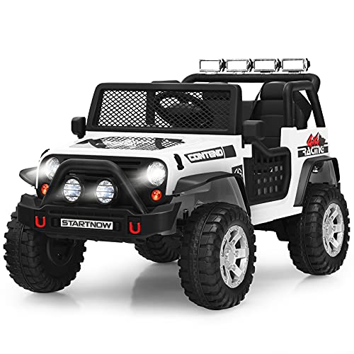 Costzon 2-Seater Ride on Truck, 12V Battery Powered Electric Vehicle w/Remote Control, 2 Speeds, Spring Suspension, LED Light, Horn, Music/ MP3, 2 Doors Open, Ride on Car for Kids (White)