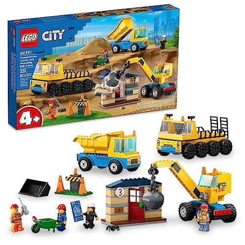 LEGO City Construction Trucks and Wrecking Ball Crane 60391 Building Toy Set for Toddler Kids Ages 4+, includes 3 Construction Vehicles, an Abandoned House and 3 Minifigures for Pretend Play