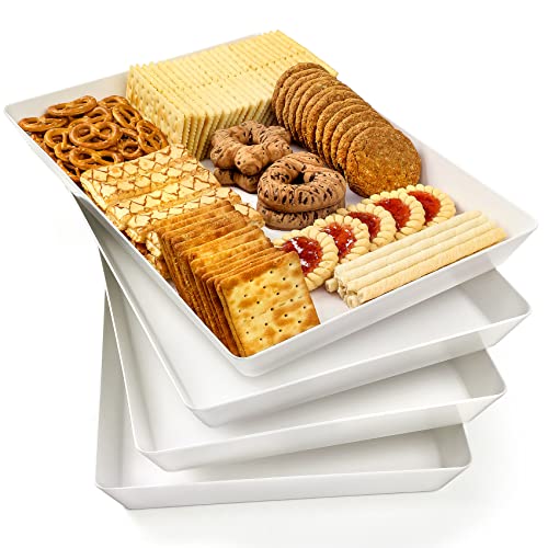 4-Pack 16' x 11' Large White Serving Trays Set - Reusable Plastic Serving Platters for Cookie, Appetizer, Charcuterie, Snack, Dessert, Party Food Display - Stackable Kitchen CounterTop Tray, BPA Free