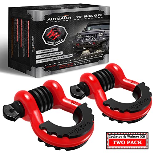 AUTMATCH D Ring Shackle 3/4' Shackles (2 Pack) 41,887Ibs Break Strength with 7/8' Screw Pin and Shackle Isolator Washers Kit for Tow Strap Winch Off Road Vehicle Recovery Red & Black