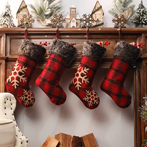 Ivenf Christmas Stockings, 4 Pcs 18 inches Burlap with Large Plaid Snowflake and Plush Faux Fur Cuff Stockings, for Family Holiday Xmas Party Decorations