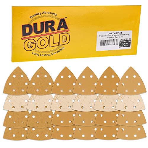 Dura-Gold Premium Triangle Mouse Sanding Sheets Variety Pack - 60, 80, 120, 180, 240, 320 Grit (4 Each, 24 Total), 6 Hole Pattern Hook & Loop Triangular Shaped Sander Discs, Aluminum Oxide Sandpaper